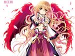  belt blonde_hair cherry_blossoms fiery_wings flat_chest highres kanna_(plum) long_hair looking_at_viewer lyrical_nanoha mahou_shoujo_lyrical_nanoha mahou_shoujo_lyrical_nanoha_a's mahou_shoujo_lyrical_nanoha_a's_portable:_the_battle_of_aces mahou_shoujo_lyrical_nanoha_a's_portable:_the_gears_of_destiny midriff navel simple_background solo u-d very_long_hair wide_sleeves wings yellow_eyes 