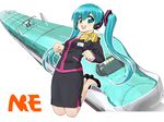  aqua_eyes aqua_hair ground_vehicle hatsune_miku headphones jumping long_hair md5_mismatch open_mouth pantograph pencil_skirt shinkansen shoes skirt smile solo tessai train train_attendant twintails uniform vocaloid 