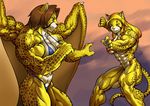  anthro big_breasts bikini breasts cheetah clothed clothing couple dragon duo feline female fight hybrid mammal muscles muscular_female pokkuti skimpy spots stance swimsuit tail tight_clothing xilimyth 