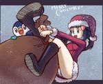  alternate_headwear black_footwear blue_eyes blue_hair boots gen_4_pokemon hair_ornament hat hikari_(pokemon) jonathan_kim long_hair merry_christmas panties pantyshot piplup pokemon pokemon_(creature) pokemon_(game) pokemon_dppt sack santa_costume santa_hat snow thighs underwear white_panties 