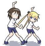  blonde_hair blue_eyes brown_hair dancing gym_uniform hair_ribbon kill_me_baby kill_me_dance multiple_girls nabeshima_ryo o_o oribe_yasuna ribbon short_hair sonya_(kill_me_baby) twintails 