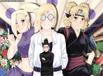  1boy 3girls black_hair blonde_hair blush book crossed_arms earrings fan fingerless_gloves flower forehead_protector gloves green_eyes hair_ornament hairclip icha-icha japanese_clothes jewelry long_hair midriff multiple_girls nara_shikamaru naruto navel ponytail quad_tails shiho_(naruto) signature smile temari wink yamanaka_ino 