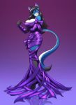  2019 anthro big_breasts black_hair blue_fur bow breasts cat cleavage clothed clothing feline female flavia fur hair hi_res huge_breasts looking_at_viewer mammal pose purple_eyes ribbons solo toughset unwrapping wide_hips 