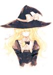  blonde_hair bow character_name closed_eyes graphite_(medium) hat hat_bow kirisame_marisa long_hair ribbon simple_background solo tokiame touhou traditional_media upper_body white_background white_bow witch_hat 