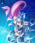  :d blue_eyes blue_hair fish head_fins long_hair mermaid monster_girl open_mouth original pointing smile solo ta_kaana underwater 