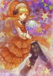  bad_id bad_pixiv_id ball black_legwear blonde_hair boots dress emi_(emi43) original pantyhose pointy_ears print_legwear red_eyes solo star star_print 