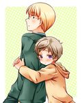  axis_powers_hetalia blonde_hair blue_eyes blush estonia_(hetalia) glasses highres hug latvia_(hetalia) male_focus multiple_boys open_mouth purple_eyes sensaki_chihiro sweat 