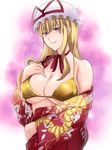  alternate_costume bare_shoulders blonde_hair bra breasts covered_nipples hat japanese_clothes kimono large_breasts lingerie long_hair off_shoulder satou_souji smile solo touhou underwear undressing yakumo_yukari yellow_bra 