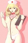  1girl blonde_hair breasts clipboard collar cross drill_hair hat highres lipstick long_hair makeup navel nipples nurse nurse_cap open_mouth original panties pink_panties red_eyes smile solo stethoscope syringe topless twin_drills underwear watch yamainoyamayama 