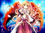  belt blonde_hair cherry_blossoms fiery_wings flat_chest highres kanna_(plum) long_hair looking_at_viewer lyrical_nanoha mahou_shoujo_lyrical_nanoha mahou_shoujo_lyrical_nanoha_a's mahou_shoujo_lyrical_nanoha_a's_portable:_the_gears_of_destiny midriff navel solo u-d very_long_hair wide_sleeves wings yellow_eyes 