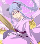  albino animal_ears blue_hair botan_(yuu_yuu_hakusho) cat_ears fisheye flying japanese_clothes kataasa-ko kimono lips lipstick long_hair makeup mr.romance oar object_riding ponytail red_eyes sidesaddle sitting solo yokozuwari yuu_yuu_hakusho 