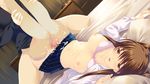  1boy 1girl bed blush bra breasts brown_hair censored cum cum_on_belly cum_on_body cum_on_clothes cum_on_upper_body game_cg indoors lingerie nakamura_takeshi navel ogiso_setsuna open_clothes open_shirt penis shirt skirt skirt_lift source_request stocking thigh_sex thighhighs thighs underwear white_album_2 