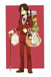  backpack bag blue_eyes brown_hair facial_hair fate/zero fate_(series) formal goatee groceries highres male_focus nemudaru plastic_bag solo spring_onion staff suit toosaka_tokiomi 