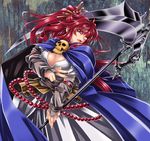  alternate_costume alternate_weapon beads breasts cape cleavage fingernails hair_ornament hairpin highres long_hair medium_breasts onozuka_komachi red_eyes red_hair scythe skull solo touhou two_side_up weapon yoiti 