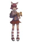  animal_ears annie_hastur backpack bag cat_ears full_body league_of_legends loped pink_eyes pink_hair shoes short_hair simple_background skirt smile sneakers solo striped striped_legwear stuffed_animal stuffed_toy teddy_bear 