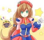  arupiyo_(catcat721) breasts brown_hair dress green_eyes hat helmet iris_(rockman_x) long_hair medium_breasts metool open_mouth ponytail robot rockman rockman_x rockman_x4 star 