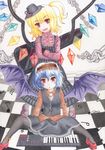  alternate_costume bat_wings black_legwear blonde_hair blue_hair flandre_scarlet hat instrument keyboard_(instrument) kurone multiple_girls pantyhose red_eyes remilia_scarlet siblings sisters touhou wings 