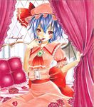  ascot ayuayu bat_wings bed bed_sheet blood blood_in_mouth blue_hair curtains dress flower gem hat hat_ribbon holding open_mouth pillow pink_dress red_eyes red_flower red_rose remilia_scarlet ribbon rose sample sash short_hair sitting smile solo tongue tongue_out touhou wings 