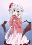  bad_id bad_pixiv_id bat_wings blue_hair breath contemporary gloves hat highres mugi_(banban53) open_mouth red_eyes remilia_scarlet scarf short_hair solo sweater touhou wings 