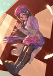  1girl beret blush bow brown_hair fate/grand_order fate_(series) glasses hand_on_own_chest hat heroic_spirit_traveling_outfit long_hair osakabe-hime_(fate/grand_order) pantyhose purple_eyes rotix waving wavy_mouth 