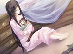  1girl barefoot bed black_hair doll drawer eyes_closed game_cg gift hair_over_one_eye happy holding ikezawa_hanako katawa_shoujo long_hair open_mouth pajamas present satou_lilly scar sitting smile solo tears 