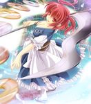  breasts cleavage clog_sandals coin frilled_skirt frills hair_bobbles hair_ornament highres japanese_clothes large_breasts looking_at_viewer moneti_(daifuku) motion_blur obi onozuka_komachi open_mouth over_shoulder red_eyes red_hair sash scythe short_hair short_sleeves skirt smile socks solo standing throwing touhou two_side_up weapon weapon_over_shoulder white_legwear 