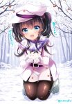  1girl :d bangs blue_eyes boots brown_hair brown_legwear collared_coat commentary_request day eyebrows_visible_through_hair gloves hair_between_eyes hat holding ichiyou_moka kneeling long_hair long_sleeves open_mouth original outdoors pantyhose peaked_cap smile snow snow_bunny snowing solo translation_request tree two_side_up white_coat white_footwear white_gloves white_hat 