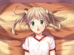  1girl annoyed bed blonde_hair blush from_above game_cg green_eyes gym_uniform hair_bobbles hair_ornament ibarazaki_emi katawa_shoujo looking_at_viewer open_mouth solo twintails 