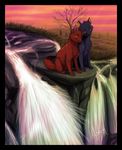  canine duo feral fox fur grey_fur mammal markings red_fur rocks scenery sunrise vengefulspirits water water_fall waterfall 