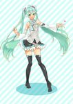  aqua_eyes aqua_hair boots detached_sleeves hatsune_miku jun_(spitfire) long_hair necktie open_mouth pigeon-toed skirt solo striped striped_background thigh_boots thighhighs twintails very_long_hair vocaloid 