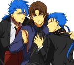  bad_id bad_pixiv_id bangs blue_hair brown_eyes brown_hair cassock collar cross cu_chulainn_(fate/prototype) earrings fate/prototype fate/stay_night fate_(series) jewelry kotomine_kirei lancer leash long_hair male_focus moco5525 multiple_boys parted_bangs ponytail red_eyes yaoi 