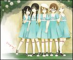  akiyama_mio alternate_hairstyle bandages black_hair blonde_hair blue_dress blue_eyes braid brown_eyes brown_hair dress flower hair_over_shoulder hirasawa_yui k-on! k-on!_movie kotobuki_tsumugi long_hair multiple_girls nakano_azusa pogane rose shoes short_hair singing! sneakers standing tainaka_ritsu twin_braids twintails 