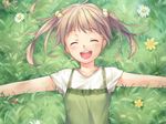  1girl blonde_hair eyes_closed flower from_above game_cg grass hair_bobbles hair_ornament happy ibarazaki_emi katawa_shoujo lying nature open_mouth smile solo twintails 