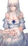  2girls bare_shoulders blue_eyes blue_flower blue_rose blush braid breasts cecilia_schariac child cleavage closed_mouth commentary_request dress eyes_closed flower hair_between_eyes happy highres honkai_(series) honkai_impact_3 humidifier kiana_kaslana lap_pillow long_hair lying medium_breasts mother_and_daughter multiple_girls on_side petting rose silver_hair sketch sleeveless sleeveless_dress smile strapless strapless_dress twin_braids very_long_hair white_dress younger 