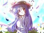  blue_hair flower food fruit hat hinanawi_tenshi leaf long_hair peach red_eyes ribbed_sweater solo sweater torisuke_(koinohito) touhou upper_body 