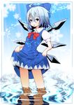  ahoge akasaka_shop bad_id bad_pixiv_id blue_eyes blue_hair blush bow cirno dress hair_bow highres reflection short_hair skirt_hold solo touhou wading water wings 