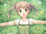  1girl annoyed blonde_hair flower from_above game_cg grass green_eyes hair_bobbles hair_ornament ibarazaki_emi katawa_shoujo looking_at_viewer nature open_mouth outstretched_arms solo spread_arms twintails 