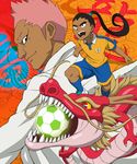  ball dragon eastern_dragon inazuma_eleven_(series) inazuma_eleven_go jacket long_hair looking_back male_focus mole multiple_boys nishiki_ryouma open_mouth pink_hair ponytail raimon raimon_soccer_uniform smile soccer_ball soccer_uniform someoka_ryuugo sportswear telstar yamamiya_hiroshi 