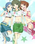  2girls :d ahoge akizuki_ryou bad_id bad_pixiv_id belt blue_eyes blue_hair brown_hair crop_top crossdressing dearly_stars fingerless_gloves gloves green_eyes green_hair hidaka_ai idolmaster idolmaster_dearly_stars midriff mizutani_eri multiple_girls navel open_mouth pink_eyes pointing shoes short_hair shorts smile sneakers street_hopper toa_(sorajio) 