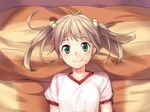  1girl bed blonde_hair from_above game_cg green_eyes gym_uniform hair_bobbles hair_ornament ibarazaki_emi katawa_shoujo looking_at_viewer lying smile solo twintails 
