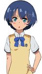  ano_natsu_de_matteru blue_hair blush_stickers bow green_eyes hand_on_hip hidejiu school_uniform short_hair solo sweater_vest tanigawa_kanna 