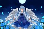  ahoge angel_wings black_ribbon blue_dress blue_flower blue_hair blue_rose bow dress fence flower full_moon long_hair moon multiple_wings nanatuki13 neck_ribbon night one_eye_closed outdoors petals red_eyes ribbon rose rose_petals sariel shirt sky smile solo star_(sky) starry_sky teeth touhou touhou_(pc-98) white_shirt white_wings wide_sleeves wings 