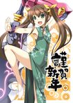  brown_hair china_dress chinese_clothes dress fang fighting_stance green_dress green_eyes hair_ribbon huang_lingyin infinite_stratos legs long_hair long_legs new_year open_mouth polearm ribbon solo soukai_(lemonmaiden) thighs translated twintails weapon 