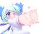  ;) alternate_costume blue_eyes bow cirno hair_bow heart kuresento one_eye_closed smile solo sweater touhou wings 