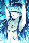  aqua aqua_background armpits arms_up blue_hair flat_chest idolmaster idolmaster_(classic) kisaragi_chihaya long_hair midriff navel solo tog_(shoten) visor 