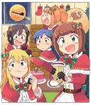  5girls :d :i ahoge amami_haruka antenna_hair bangs bell belt black_eyes black_gloves blonde_hair blue_hair blush bow bowtie brown_eyes brown_hair cake capelet christmas christmas_tree commentary double-breasted eating eyebrows_visible_through_hair food full_moon fur_trim gloves green_eyes hair_bell hair_bow hair_ornament holding holding_food holding_sock hoshii_miki idolmaster idolmaster_million_live! idolmaster_million_live!_theater_days indoors kikuchi_makoto kisaragi_chihaya long_hair looking_at_viewer medium_hair moon multiple_girls night night_sky onigiri open_mouth orange_hair reindeer santa_claus santa_costume short_hair sidelocks sky sleigh smile striped striped_bow takatsuki_yayoi thighhighs tsubobot twintails window 