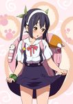  backpack bag bakemonogatari black_hair blush brown_eyes cosplay errant hachikuji_mayoi hachikuji_mayoi_(cosplay) hair_ribbon hairband k-on! long_hair monogatari_(series) nakano_azusa ribbon school_uniform skirt skirt_lift solo twintails 