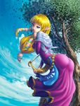  arched_back ass blonde_hair blue_eyes bracelet day from_behind harp highres instrument jewelry long_hair looking_at_viewer looking_back pointy_ears princess_zelda solo the_legend_of_zelda the_legend_of_zelda:_skyward_sword yuqoi 
