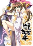  brown_hair china_dress chinese_clothes dress fang fighting_stance green_eyes hair_ribbon huang_lingyin infinite_stratos legs long_hair long_legs new_year open_mouth polearm ribbon solo soukai_(lemonmaiden) thighs translated twintails weapon white_dress 