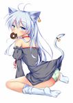  animal_ears bad_id bad_pixiv_id blue_eyes cat_ears cat_tail doughnut fang food marisasu_(marisa0904) mouth_hold original panties silver_hair solo striped striped_panties tail underwear 